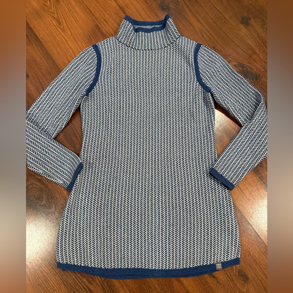 Title Nine Womens Active Knit Synergy Turtleneck Sweater Dress S Navy/White